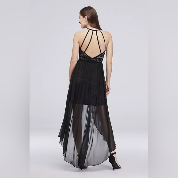 MORGAN & CO | Lace Glitter Keyhole Halter Dress w/ Overskirt in Black sz 2 - Picture 13 of 14